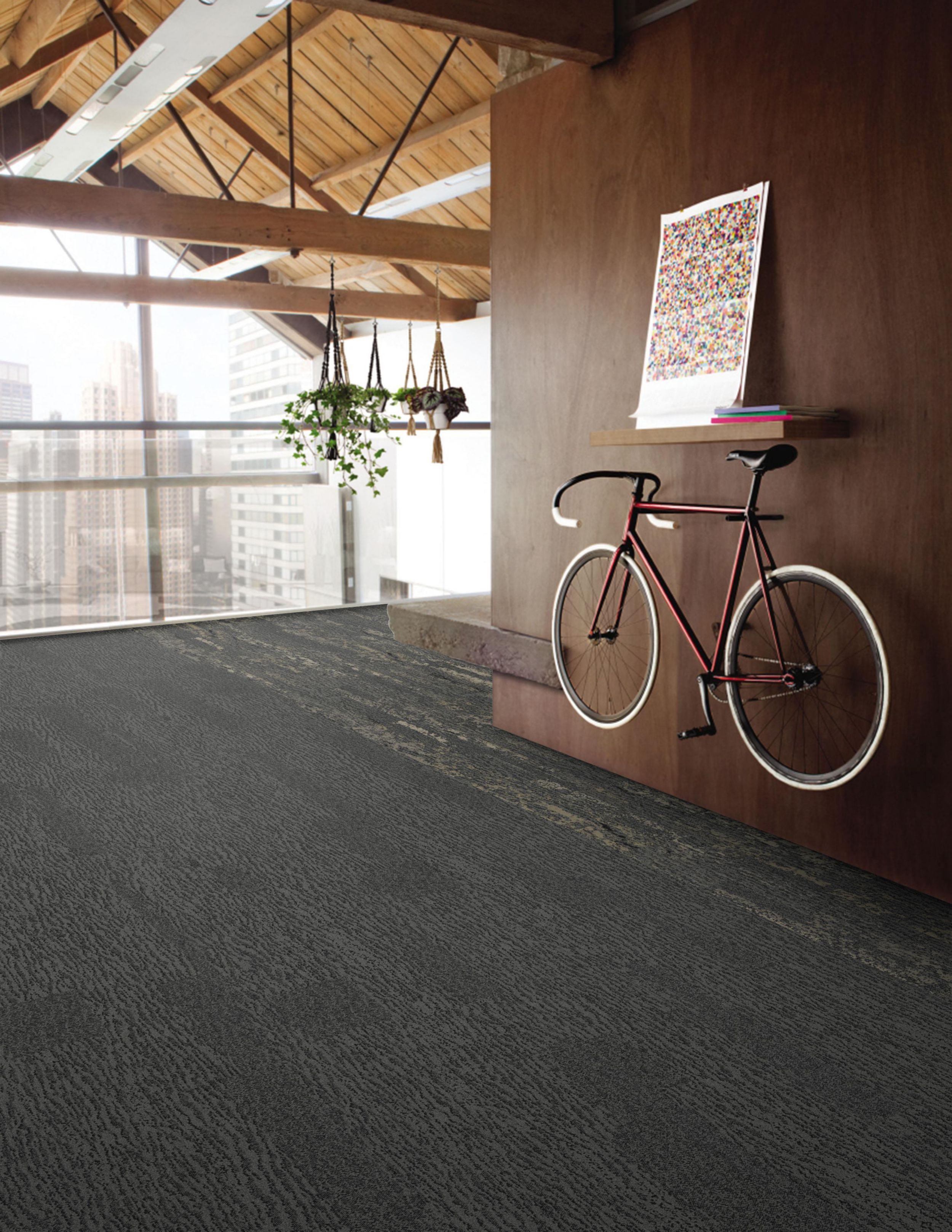Interface Uprooted and Velvet Bark plank carpet tile in open area with bicycle on wall imagen número 2